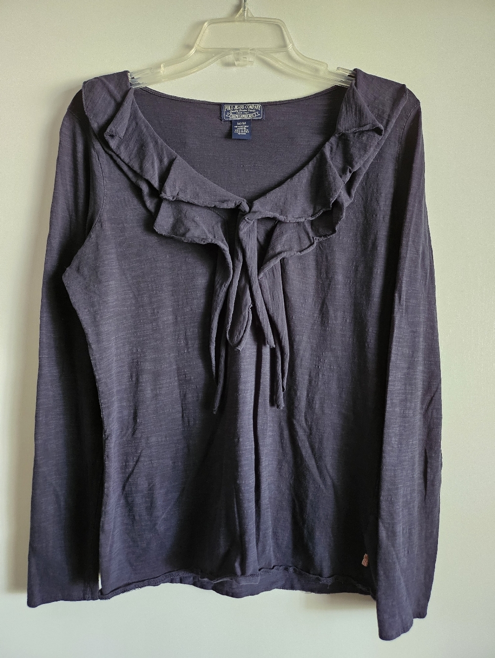 VTG Ralph Lauren Polo Jeans Women Medium Navy Blue Ruffle Top Casual Long Sleeve
